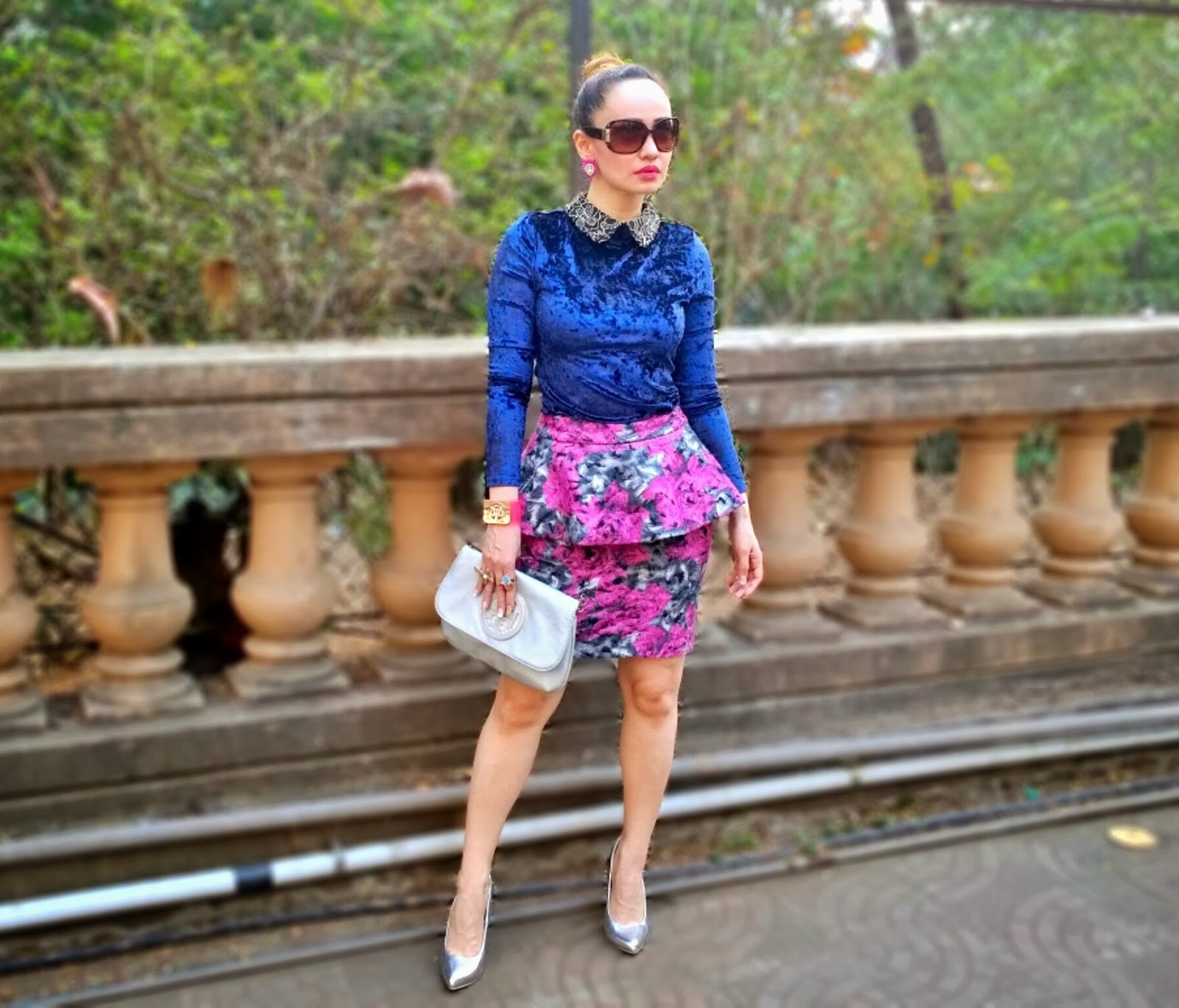 Blue Velvet Full Sleeve Top & Floral Peplum Skirt