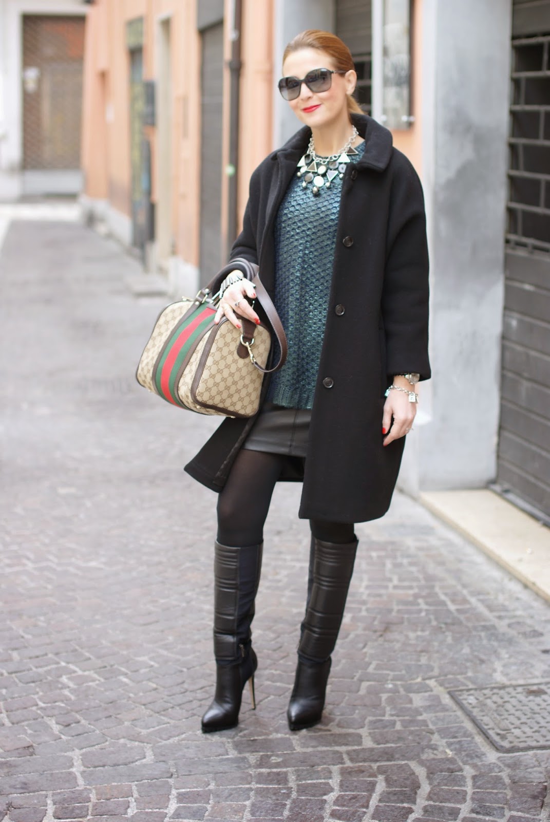 Leather mini skirt, metallic finish sweater | Fashion and Cookies ...