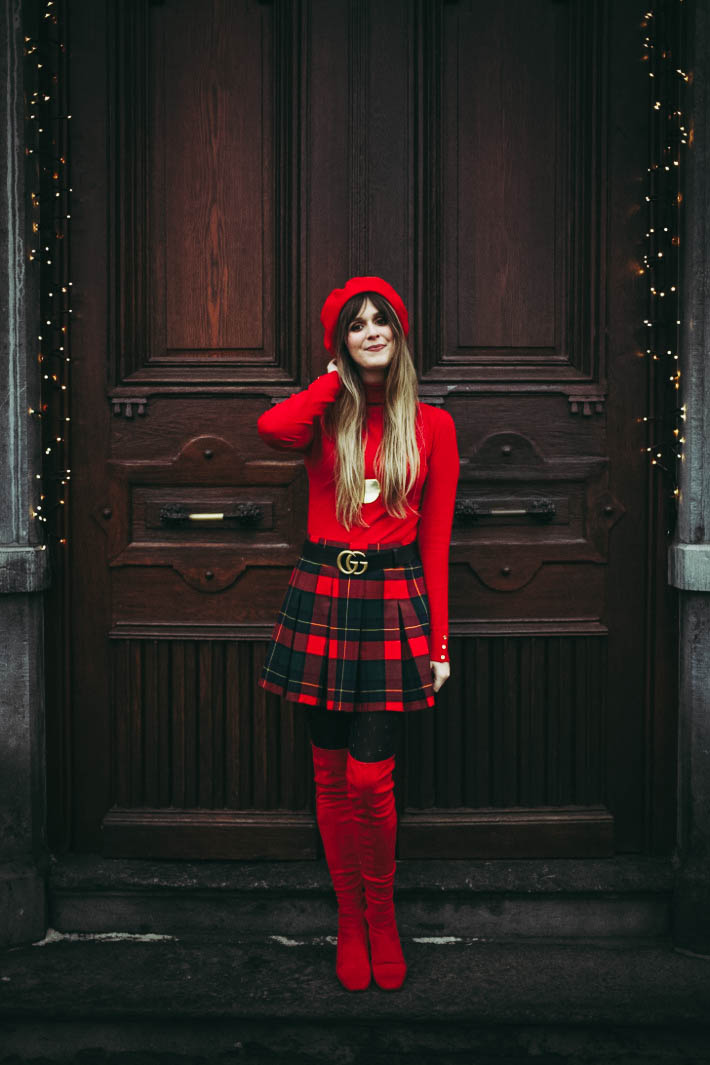 outfit: bright red thigh high boots, plaid skirt, gucci belt