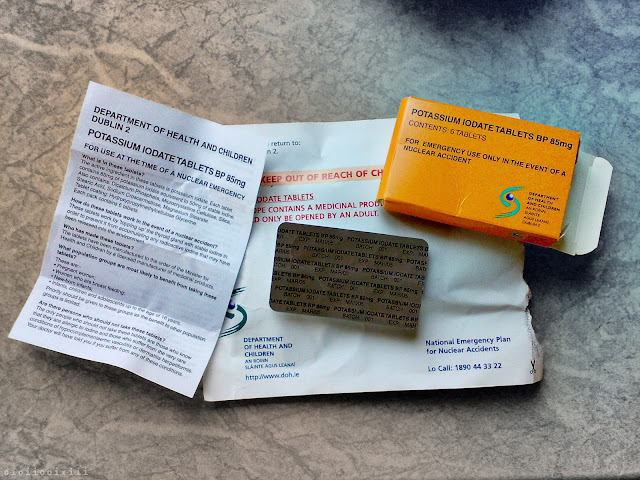 The contents of the package sent to Irish homes in 2002, containing an orange box of six iodine tablets in a silver blister pack.
