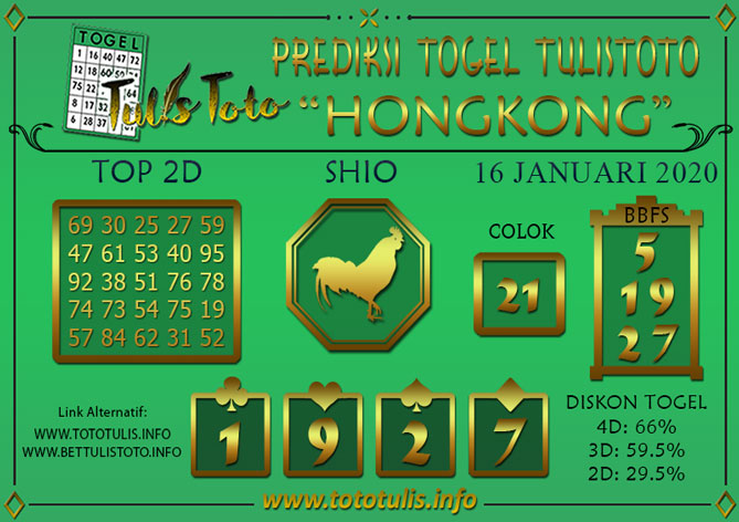 Prediksi Togel HONGKONG TULISTOTO 16 JANUARI 2020