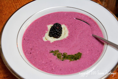 Love In The Kitchen: Chilled Blackberry Soup w/ Basil Honey Pesto & Sweet Corn Sauce