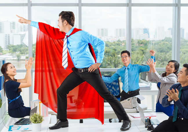 office employee wearing superhero costume cape
