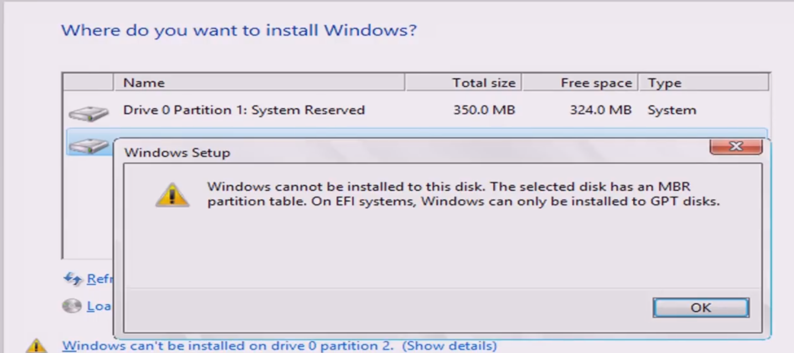 Windows Cannot be Installed to This Disk. The Selected Disk Has An MBR