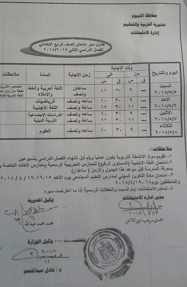 جداول امتحانات محافظة الفيوم الترم الثاني 2018 0%2B%252810%2529