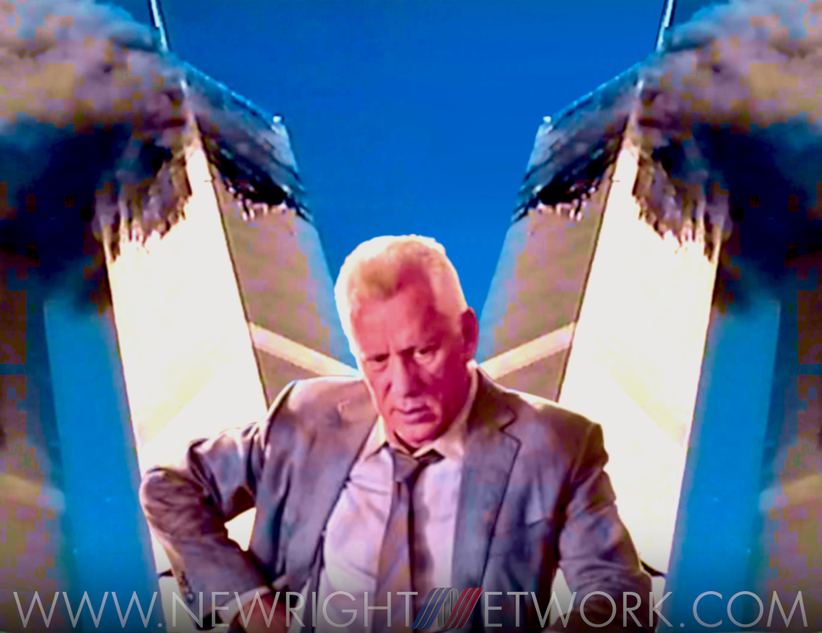 James Woods standing in front of the twin towers while they're on fire, looking disappointed