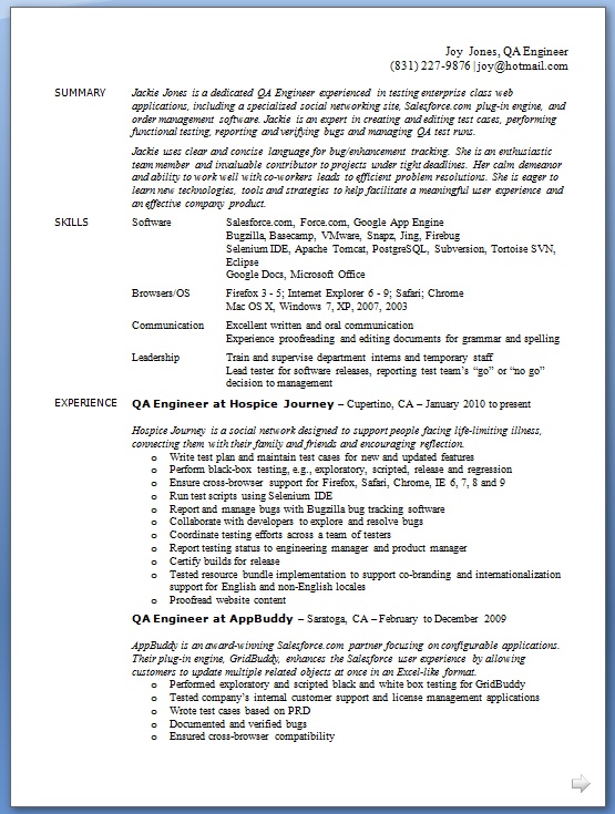 qa engineer resume layout format in word free download