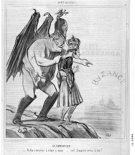 “THE TEMPTER If you consent to being mine, that empire will be yours.” Honoré Daumier. Actualités, no. 40. Le Charivari. April 26, 1854. LD 2494. Traditional allies of Russia stayed out of the war, leaving Russia isolated. Daumier here draws upon the iconography of the Temptation of Christ: Nicholas I as the Devil tempts the Greek king, Otto I, to enter the war with the prize of Constantinople and a revival of the Byzantine Empire in a conquered Turkey.