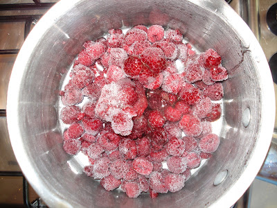 frozen raspberries in a pan