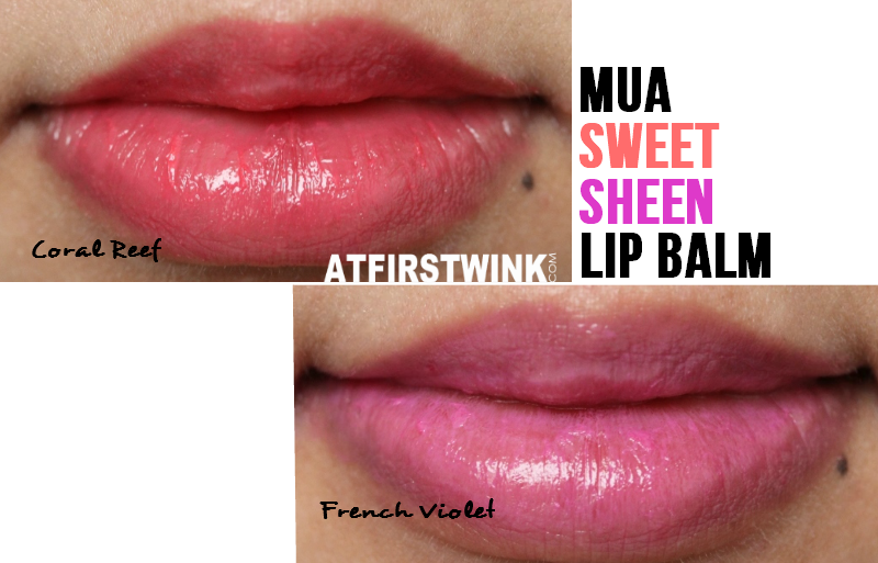 Lip swatches: MUA Sweet Sheen lip balm - French Violet and Coral Reef