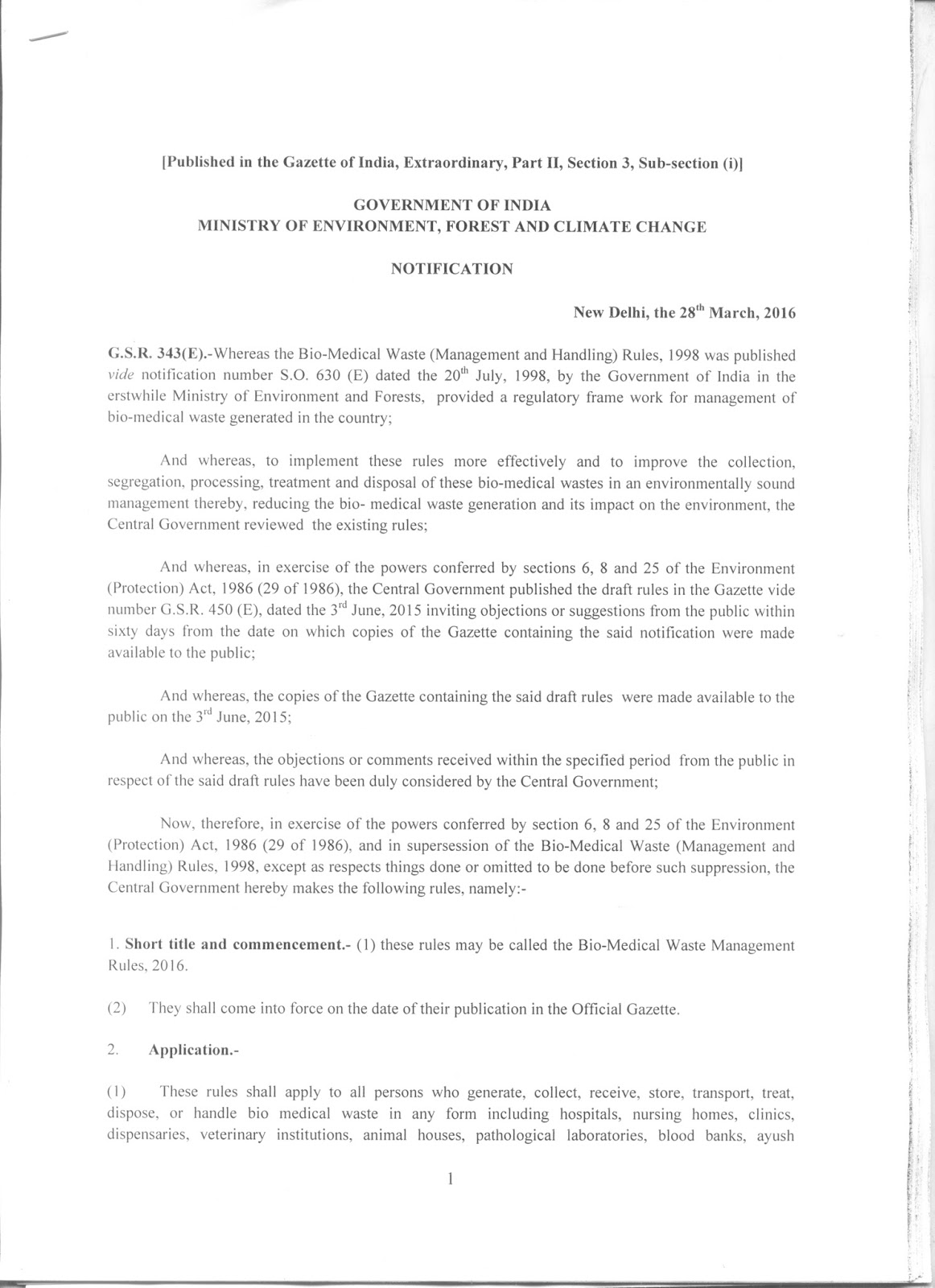 BioMedical Waste Management Rules, 2016 comes into force from 28th