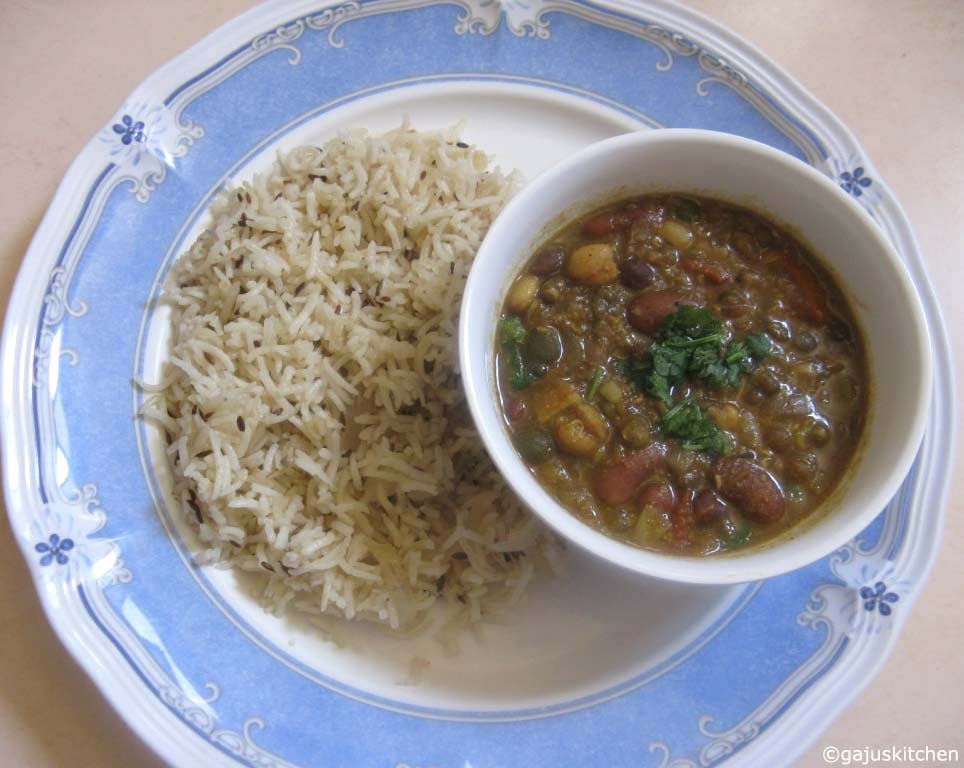 Mix dal gravy served with jeera rice