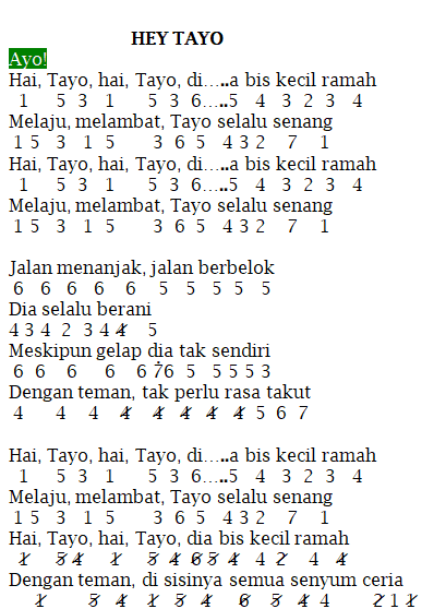 Not Angka Lagu Hey Tayo The Little Bus Dan Not Pianika Hey Tayo The Little Bus