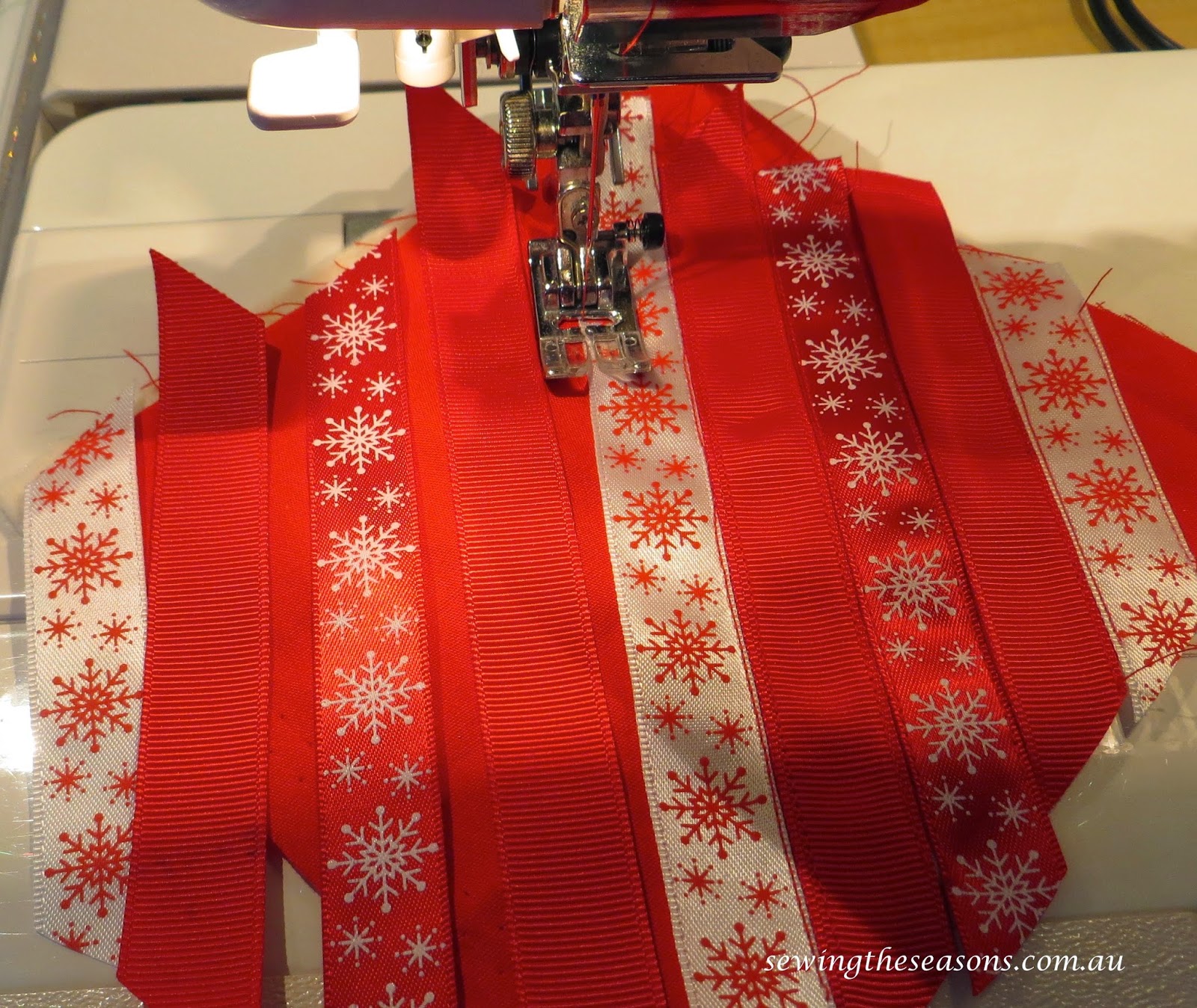 Sewing The Seasons: Tutorial - Christmas Ribbon Decorations Decoration That Is Sewn Onto A Piece Of Cloth