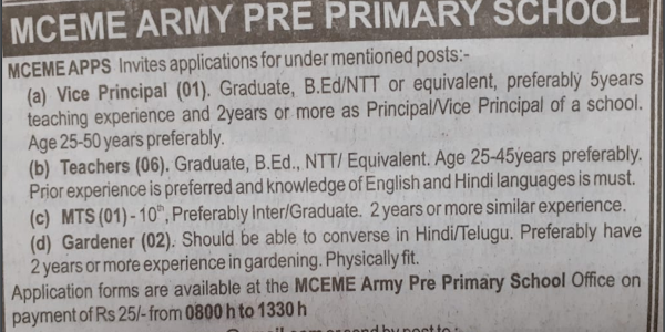 MCEME Army Pre Primary School MTS Previous Year Question Papers and Syllabus 2019-20