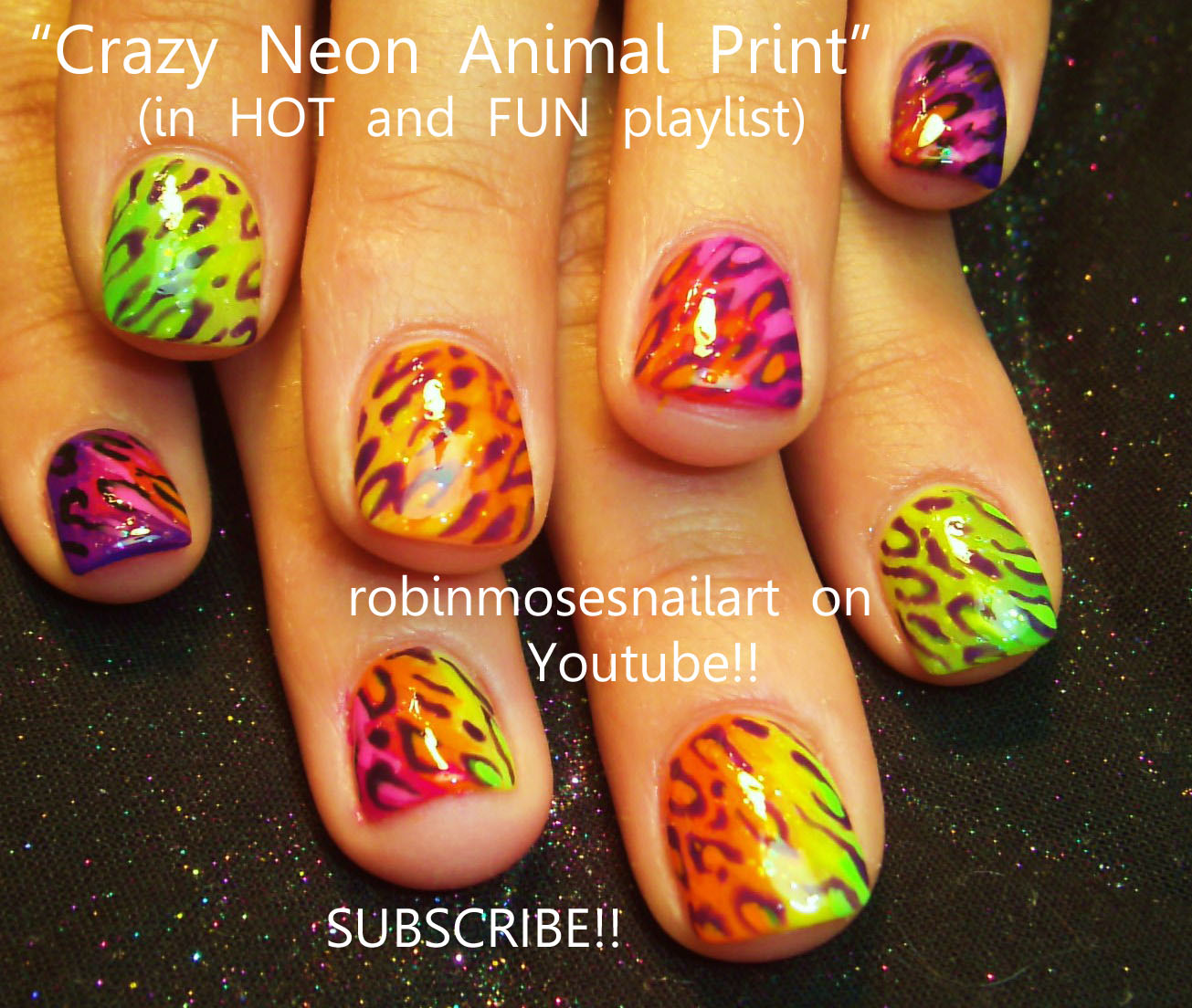 Nail Art by Robin Moses crazy neon animal print nail, neon animal