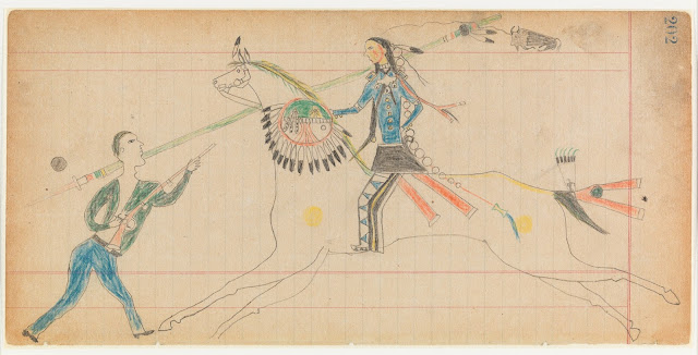 Unknown Cheyenne artist, Vincent Price Ledger Book, p. 202, about 1875-1878, graphite, and coloured pencil on paper. Courtesy of Donald Ellis Gallery, New York, Image courtesy @ MMFA 2017