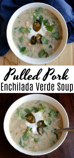 Turn your leftover pulled pork into something completely different! This soup has the flavor of enchiladas in a hearty and easy package. Dinner is served and it's delicious!