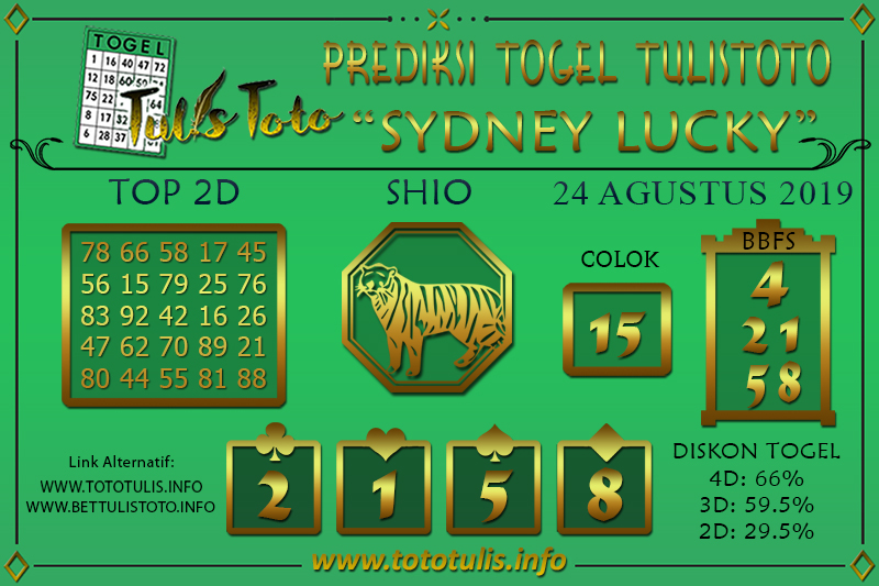 Prediksi Togel SYDNEY LUCKY TODAY TULISTOTO 24 AGUSTUS 2019