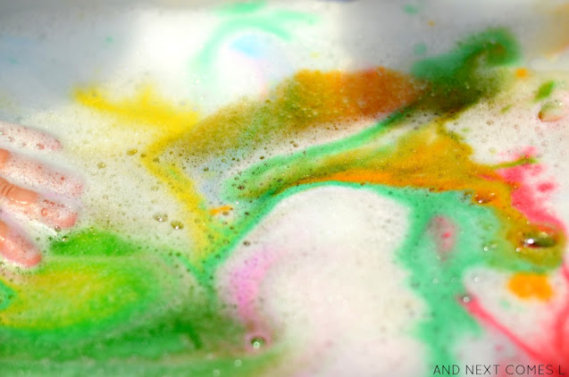 Colorful soap foam sensory activity for kids