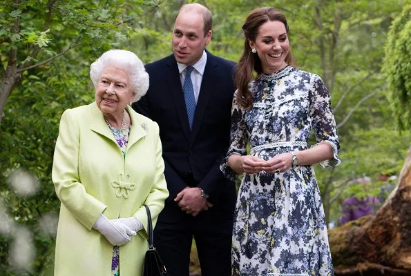 Kate Middleton, The Duchess of Cambridge, wore Erdem Shebah floral cotton-silk gown. Queen Elizabeth