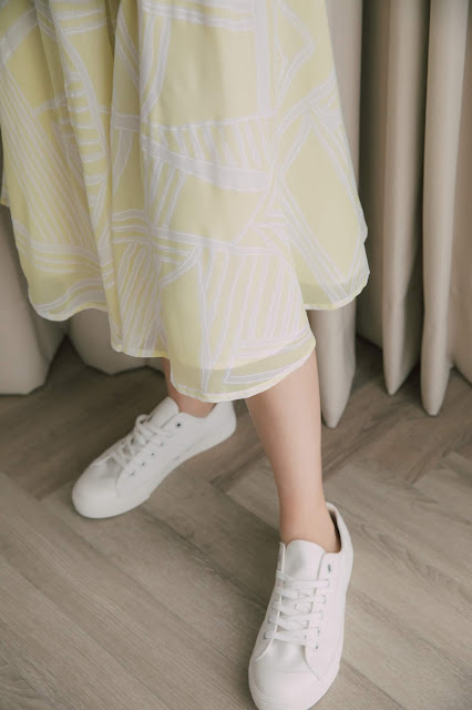 晴空捲雲飄飄雪紡裙-澄黃