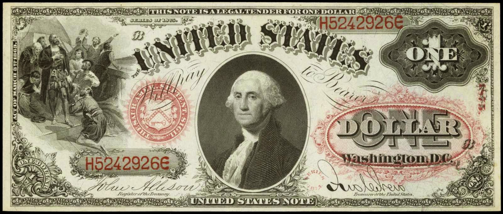 1875 One Dollar Legal Tender Note "Sawhorse Reverse" George Washington