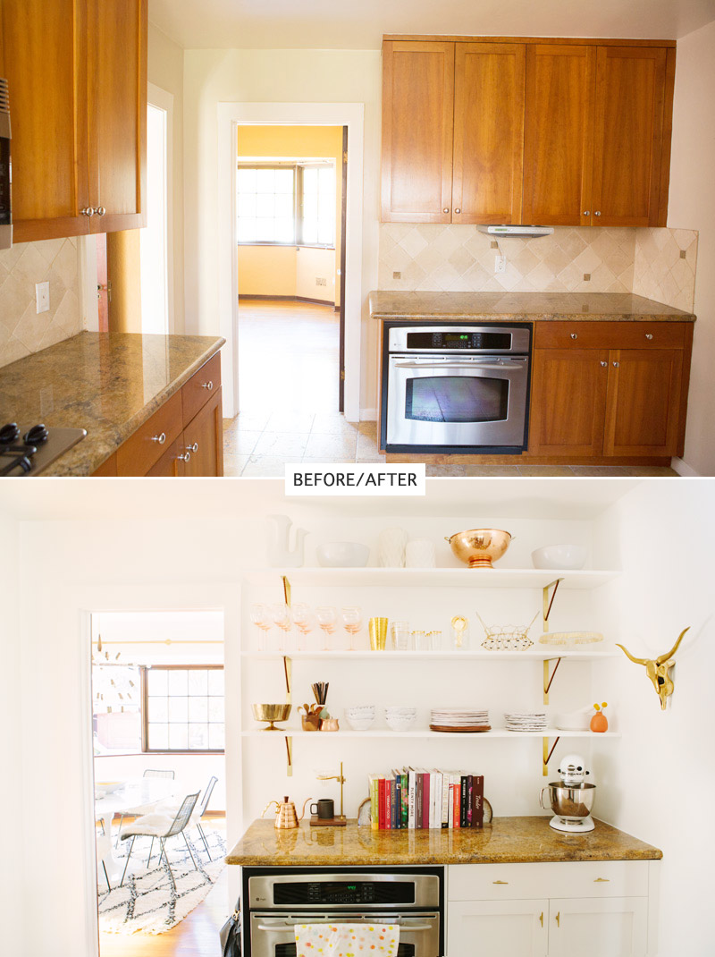 Antes y después de una cocina con tiradores dorados