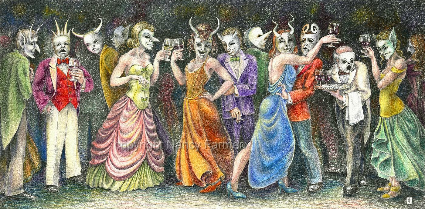 Бал чертей. Бал маскарад иллюстрации. Маскарад в живописи. Сказочный маскарад.