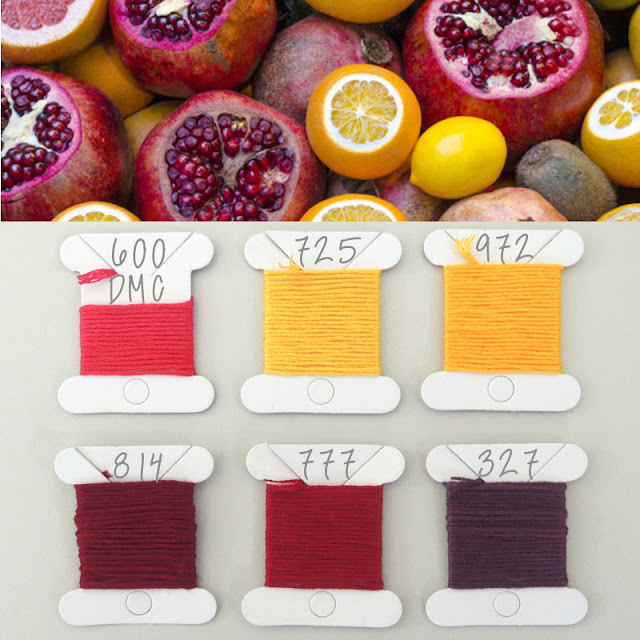 Red, orange, yellow embroidery thread colour combination idea