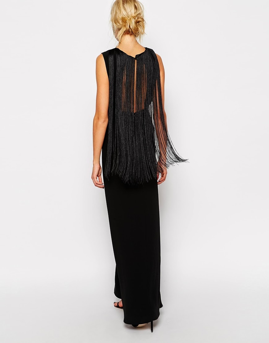 black fringe back maxi dress, black fringe maxi dress, 