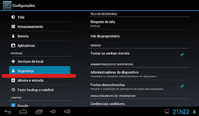Segurança - configuração do Android Menu Android AOC Bleeze 7Y2241