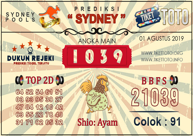 Prediksi Togel SYDNEY TIKETTOTO 01 AGUSTUS 2019
