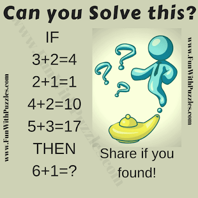 If 3+2=4, 2+1=1, 4+2=10, 5+3=17 Then 6+1=?. Can you solve this Tough Logical Brain Teaser?