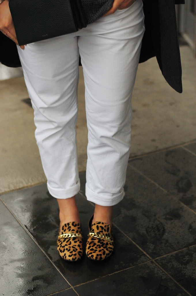 White pants in winter and Steve Madden leopard loafers