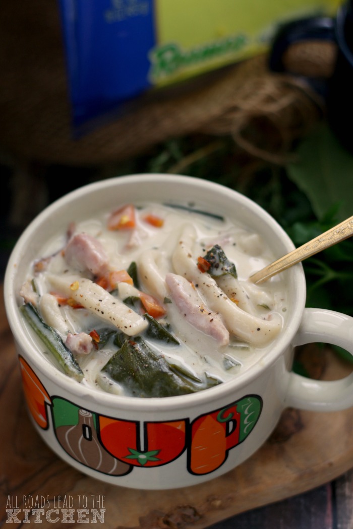 Creamy Ham and Greens Noodle Soup | #Reames