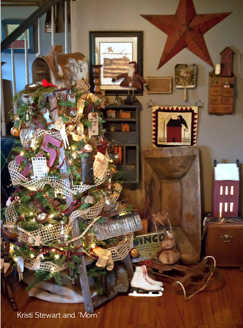 Christmas ladder tree by Kristi Stewart and her Mom featured on Funky Junk Interiors