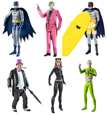 Batman 1966 TV Series Action Figure Toy Line by Mattel - Adam West’s Batman, Cesar Romero’s The Joker, Adam West’s “Surf’s Up” Batman, Burgess Meredith’s The Penguin, Julie Newmar’s Catwoman & Frank Gorshin’s The Riddler