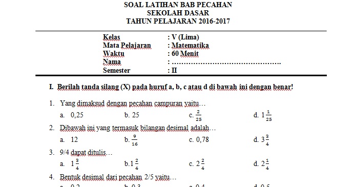 Soal Matematika Kelas 5 SD Bab Pecahan Soal dan Materi