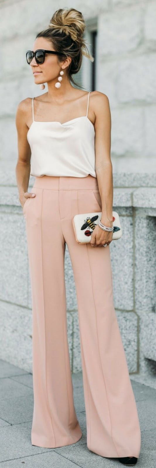 fashion trends | silk top + blush wide pants + embroidered clutch