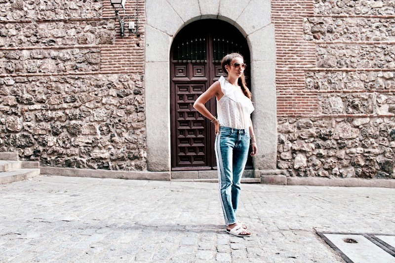 jean mom birkenstock blanche haut dentelle