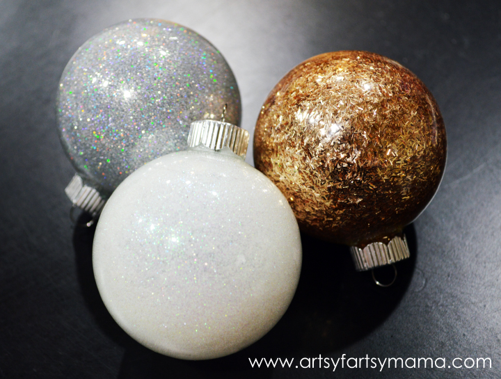 DIY Glitter Ornaments at artsyfartsymama.com #glitteratmichaels #Christmas