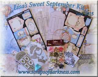 Scraps of Elegance scrapbook kits: Lisa's Sweet September Kit, featuring Blue Fern Studios' Autumn Anthology and Graphic 45's Gilded Lily collections, Prima, Melissa Frances, and more. Find our kits here: www.scrapsofdarkness.com Scraps of Elegance scrapbook kits: Lisa's Sweet September Kit