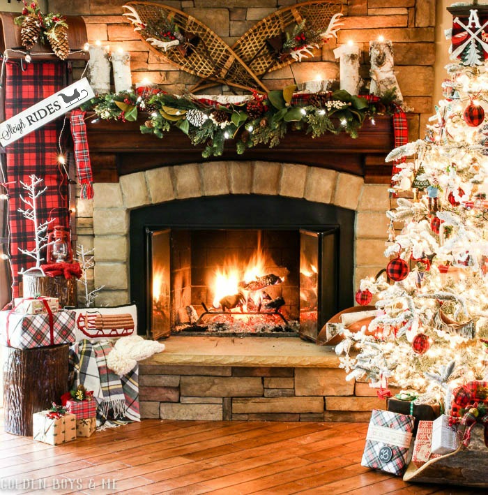 Holiday mantel ideas with toboggan, DIY sleigh ride sign, garland and birch