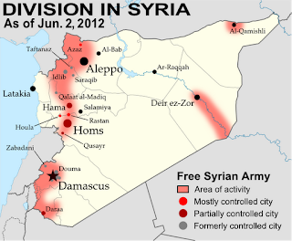 Map of Syria's uprising, marking cities and towns under control of the Free Syrian Army rebels as of June 2, 2012. Includes the site of the recent Houla massacre.