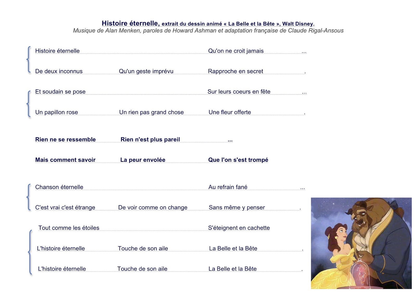 Parole La Belle Et La Bete DO la puce: Histoire éternelle, la Belle et la Bête, LA VERSION ORIGINALE