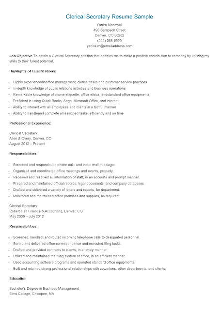 Resume Samples: Clerical Secretary Resume Sample
