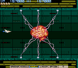 Séptimo y último jefe de Gradius/Nemesis: "Xaerous Brain" Captura de pantalla de Nemesis (Konami, 1985). Se muestra a nuestra nave disparando a un jefe final