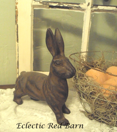 Eclectic Red Barn: Cast iron bunny and wire basket