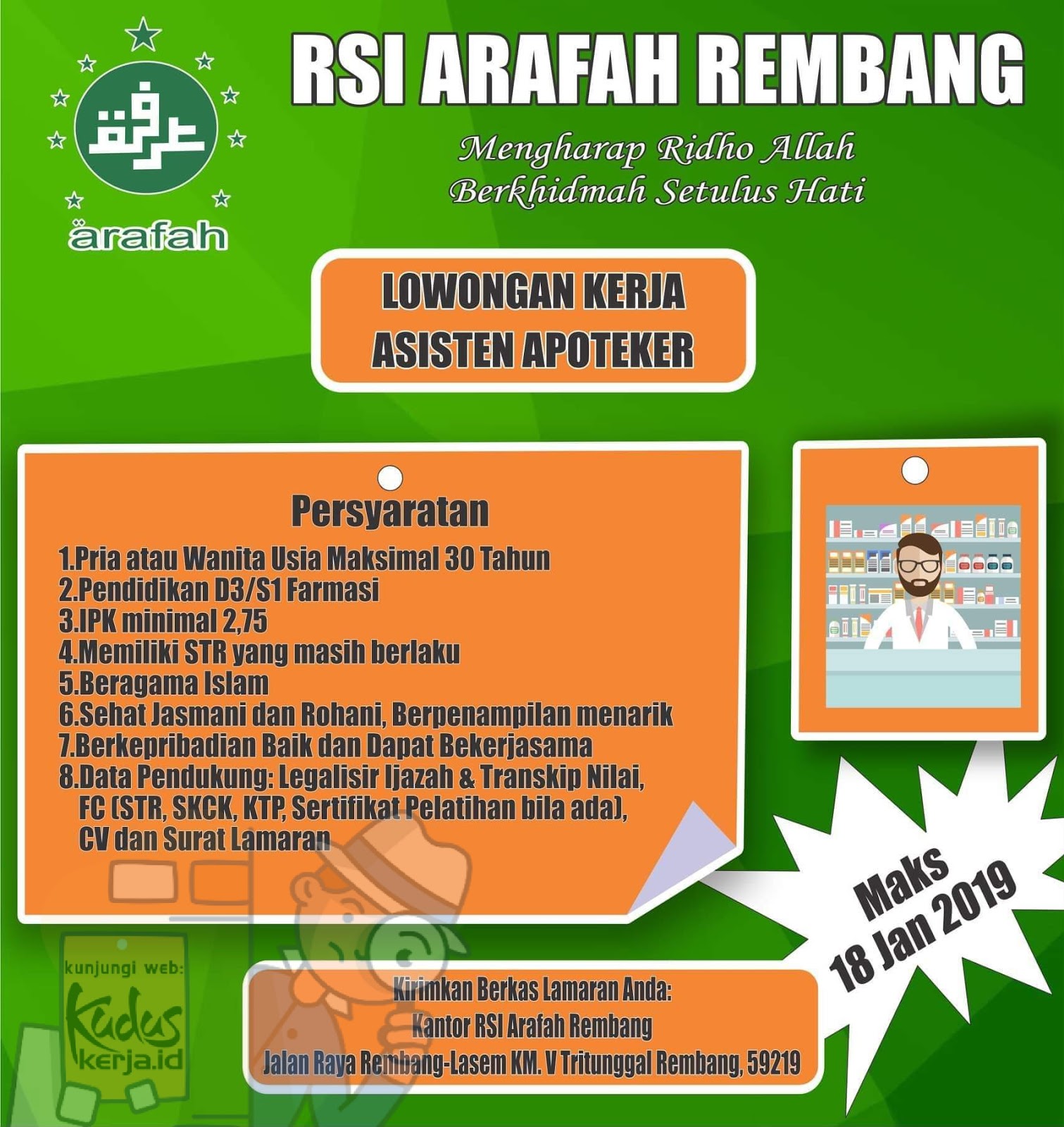 Kudus Kerja lowongan Kerja RSI ARAFAH REMBANG sedang membuka lowongan kerja untuk posisi ASISTEN APOTEKER. Silahkan lihat pada gambar dibawah ini informasi lengkapnya. Kudus Kerja lowongan Kerja RSI ARAFAH REMBANG sedang membuka lowongan kerja untuk posisi ASISTEN APOTEKER. Silahkan lihat pada gambar dibawah ini informasi lengkapnya.